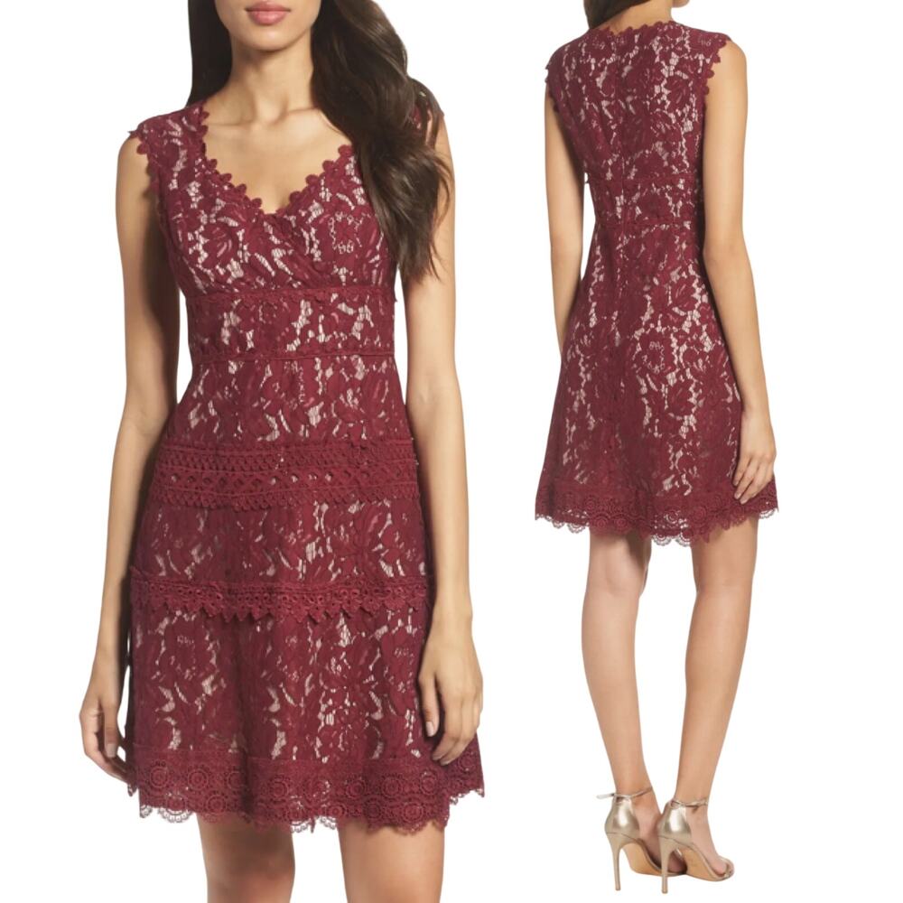 Adrianna Papell Cynthia Lace Dress Cocktail Mini Fit & Flare V Neck Maroon 8